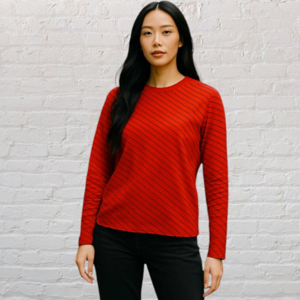 VINTAGE TOMMY HILFIGER -- Red Blouse/Shirt, Black Horiz. Stripes, Long Sleeved